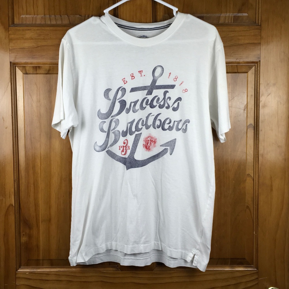 Brooks Brothers 346 Mens Med Anchor T-Shirt White Cotton Nautical Coastal Preppy